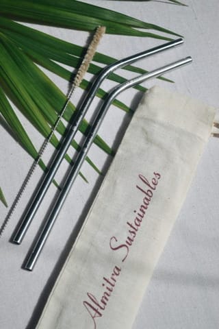 Almitra Sustainables-Stainless Steel straw (Bent) Pack of 2 with 1 Cleaner