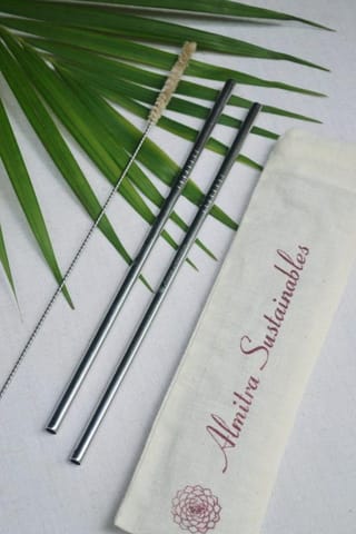 Almitra Sustainables-Stainless Steel straw (Straight) Pack of 2 with 1 Cleaner