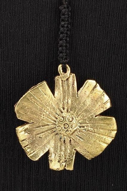 Miharu Crafts-Black Gold Tone Brass Flower Pendent Long Necklace
