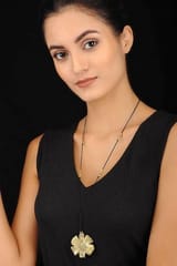Miharu Crafts-Black Gold Tone Brass Flower Pendent Long Necklace