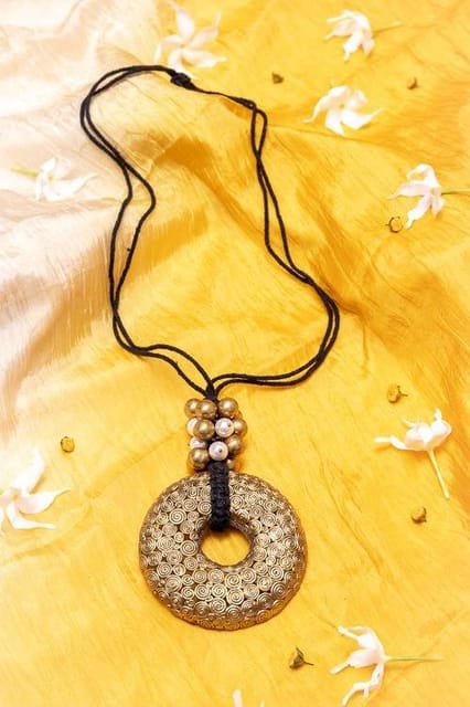 Miharu Crafts-Black Gold tone big pendant necklace with beads