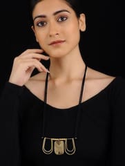 Miharu Crafts-Black Gold Tone Brass Long Trinity Necklace