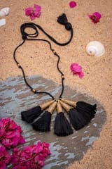 Miharu Crafts-Black Gold Tone Bell Necklace with Tassels