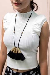 Miharu Crafts-Black Gold Tone Bell Necklace with Tassels