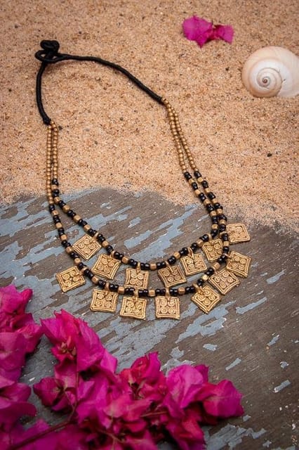 Miharu Crafts-Gold Tone Beaded Brass Choker Necklace