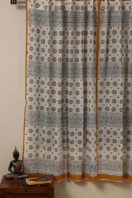 Sootisyahi-Sootisyahi 'Sparkling Stars' Handblock Printed Voile Cotton Door & Window Curtain Combo