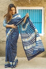 Sootisyahi-"SALVATION" INDIGO HANDBLOCK PRINT CHANDERI SILK SAREE