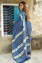 Sootisyahi-"SALVATION" INDIGO HANDBLOCK PRINT CHANDERI SILK SAREE