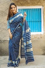Sootisyahi-"SALVATION" INDIGO HANDBLOCK PRINT CHANDERI SILK SAREE