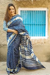 Sootisyahi-"SALVATION" INDIGO HANDBLOCK PRINT CHANDERI SILK SAREE