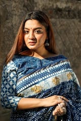 Sootisyahi-"SALVATION" INDIGO HANDBLOCK PRINT CHANDERI SILK SAREE