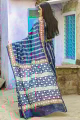 Sootisyahi-"GALAXY" INDIGO HANDBLOCK PRINT CHANDERI SILK SAREE