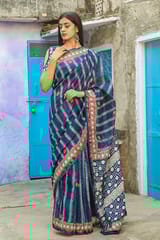Sootisyahi-"GALAXY" INDIGO HANDBLOCK PRINT CHANDERI SILK SAREE