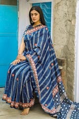Sootisyahi-"GALAXY" INDIGO HANDBLOCK PRINT CHANDERI SILK SAREE