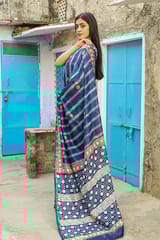 Sootisyahi-"GALAXY" INDIGO HANDBLOCK PRINT CHANDERI SILK SAREE
