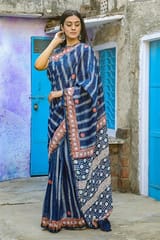Sootisyahi-"GALAXY" INDIGO HANDBLOCK PRINT CHANDERI SILK SAREE