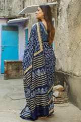 Sootisyahi-"INDIGOLD" INDIGO HANDBLOCK PRINT CHANDERI SILK SAREE