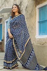 Sootisyahi-"INDIGOLD" INDIGO HANDBLOCK PRINT CHANDERI SILK SAREE