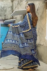 Sootisyahi-"INDIGOLD" INDIGO HANDBLOCK PRINT CHANDERI SILK SAREE