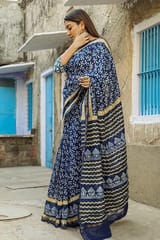 Sootisyahi-"INDIGOLD" INDIGO HANDBLOCK PRINT CHANDERI SILK SAREE