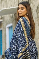 Sootisyahi-"INDIGOLD" INDIGO HANDBLOCK PRINT CHANDERI SILK SAREE
