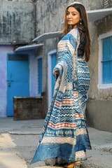 Sootisyahi-"TORRENT" INDIGO HANDBLOCK PRINT CHANDERI SILK SAREE