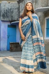 Sootisyahi-"TORRENT" INDIGO HANDBLOCK PRINT CHANDERI SILK SAREE