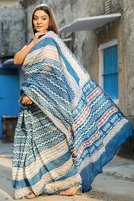 Sootisyahi-"TORRENT" INDIGO HANDBLOCK PRINT CHANDERI SILK SAREE