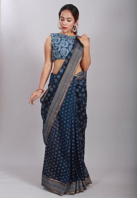Sootisyahi-Discharge Handblock Printed Maheshwari Saree