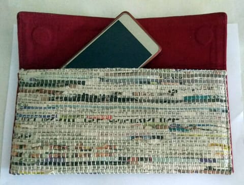 Sutrakaar Creations-Handwoven Newspaper Envelop Clutch ‚Äö√Ñ√¨ Maroon