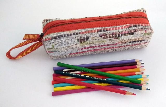 Sutrakaar Creations-Upcycled newspaper Pencil Pouch ‚Äö√Ñ√¨ Orange Lining