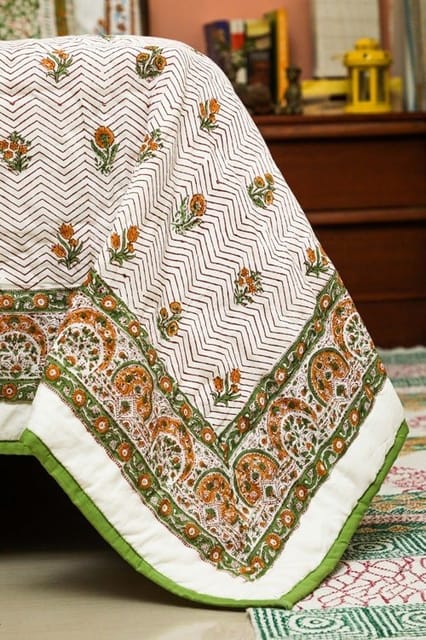 SootiSyahi 'The Floral Fence' Handblock Printed Double bed Quilt