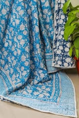 SootiSyahi 'Blue Iris' Handblock Printed Double bed Quilt