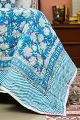 SootiSyahi 'Blue Iris' Handblock Printed Double bed Quilt