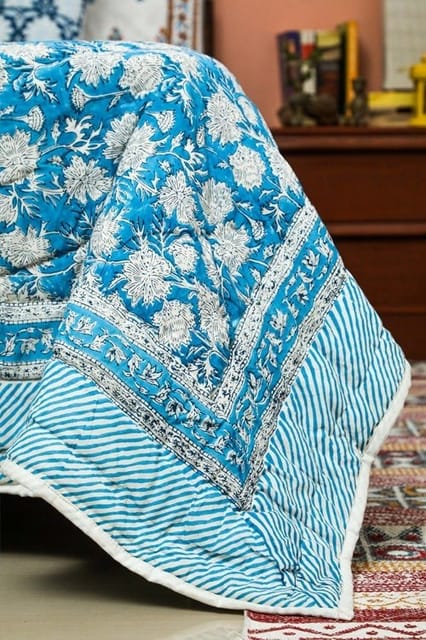 SootiSyahi 'Blue Iris' Handblock Printed Double bed Quilt