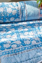 SootiSyahi 'Blue Iris' Handblock Printed Double bed Quilt