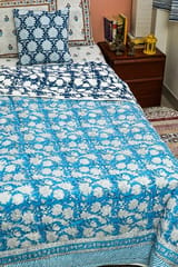 SootiSyahi 'Blue Iris' Handblock Printed Double bed Quilt