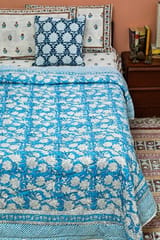 SootiSyahi 'Blue Iris' Handblock Printed Double bed Quilt