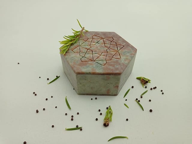 Al Maun | Haaris | Marble Natural Multicolor Soapstone | Handmade Hexagnal Handcrafted Pattern | Multiusage Box For Nut & Spices, Jewellery and Ornament Box