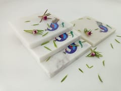 Al Maun | Aihim | White Marble | Handmade Square Peacock Inlay | Protect Furniture Surface from Damage Classic Coaster for Drinks, Beverages, Bar, Living, Kitchen & Dining Elegant Look | Set of 4