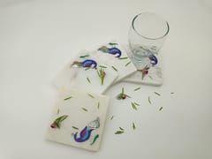 Al Maun | Aihim | White Marble | Handmade Square Peacock Inlay | Protect Furniture Surface from Damage Classic Coaster for Drinks, Beverages, Bar, Living, Kitchen & Dining Elegant Look | Set of 4