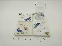 Al Maun | Aihim | White Marble | Handmade Square Peacock Inlay | Protect Furniture Surface from Damage Classic Coaster for Drinks, Beverages, Bar, Living, Kitchen & Dining Elegant Look | Set of 4