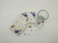 Al Maun | Aihim | White Marble | Handmade Square Peacock Inlay | Protect Furniture Surface from Damage Classic Coaster for Drinks, Beverages, Bar, Living, Kitchen & Dining Elegant Look | Set of 4