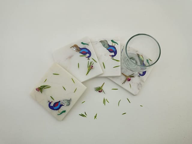 Al Maun | Aihim | White Marble | Handmade Square Peacock Inlay | Protect Furniture Surface from Damage Classic Coaster for Drinks, Beverages, Bar, Living, Kitchen & Dining Elegant Look | Set of 4