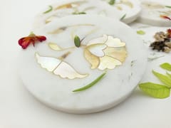Al Maun | Naml | White Marble | Handmade Round Flower Inlay | Classic Coaster for Drinks, Beverages, Bar, Living, Kitchen & Dining Elegant Look | Set of 4
