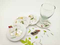 Al Maun | Naml | White Marble | Handmade Round Flower Inlay | Classic Coaster for Drinks, Beverages, Bar, Living, Kitchen & Dining Elegant Look | Set of 4