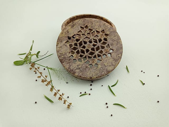 Al Maun | Lumiya | Marble Natural Multicolor Soapstone | Handmade Round Lattice Craft | Multiusage Box For Nut & Spices, Storage Jewellery and Ornament Box