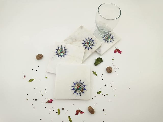 Al Maun | Leen| White Marble | Handmade Square Blue Inlay | Protect Furniture Surface from Damage Classic Coaster for Drinks, Beverages, Bar, Living, Kitchen & Dining Elegant Look | Set of 4