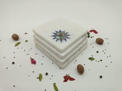 Al Maun | Leen| White Marble | Handmade Square Blue Inlay | Protect Furniture Surface from Damage Classic Coaster for Drinks, Beverages, Bar, Living, Kitchen & Dining Elegant Look | Set of 4