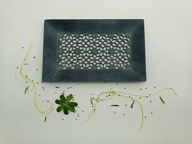 Al Maun | Mughni | Marble Natural Grey Soapstone | Handmade Rectangle Lattice Craft | Decorative Multipurpose Tray | Jewellery, Storage, Table & Serving Tray | For Your Home Decor & Dining